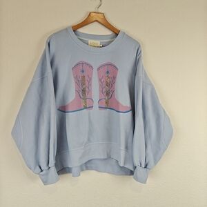 Judith March Kicking Boots Cowgirl Studded Oversized Sweatshirt Size LG *FLAW*